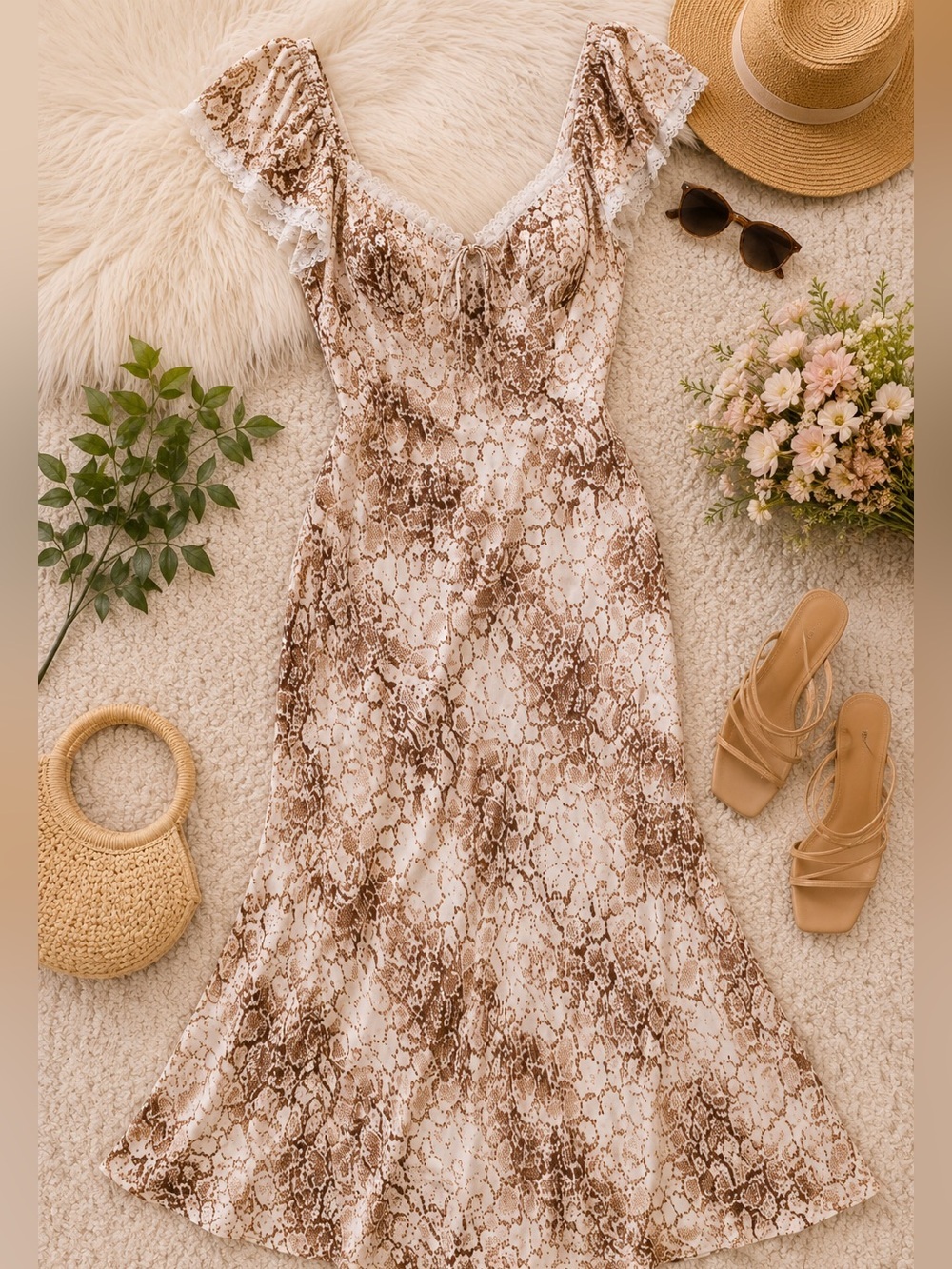 WAYF “Melissa” Lace-Trim Brown Python Maxi Dress | Size XS | NWT
